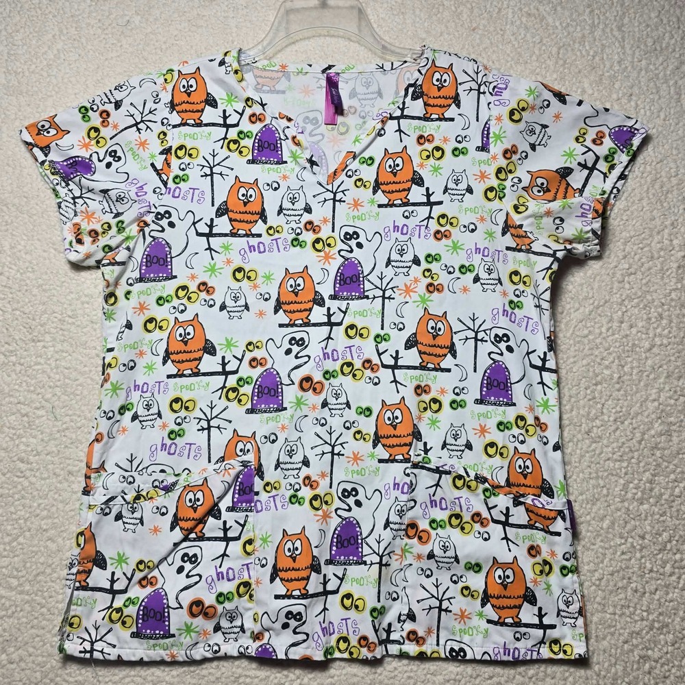 Scrub Works Womens Halloween Owl Ghost Print V-Neck Scrub Top Large White